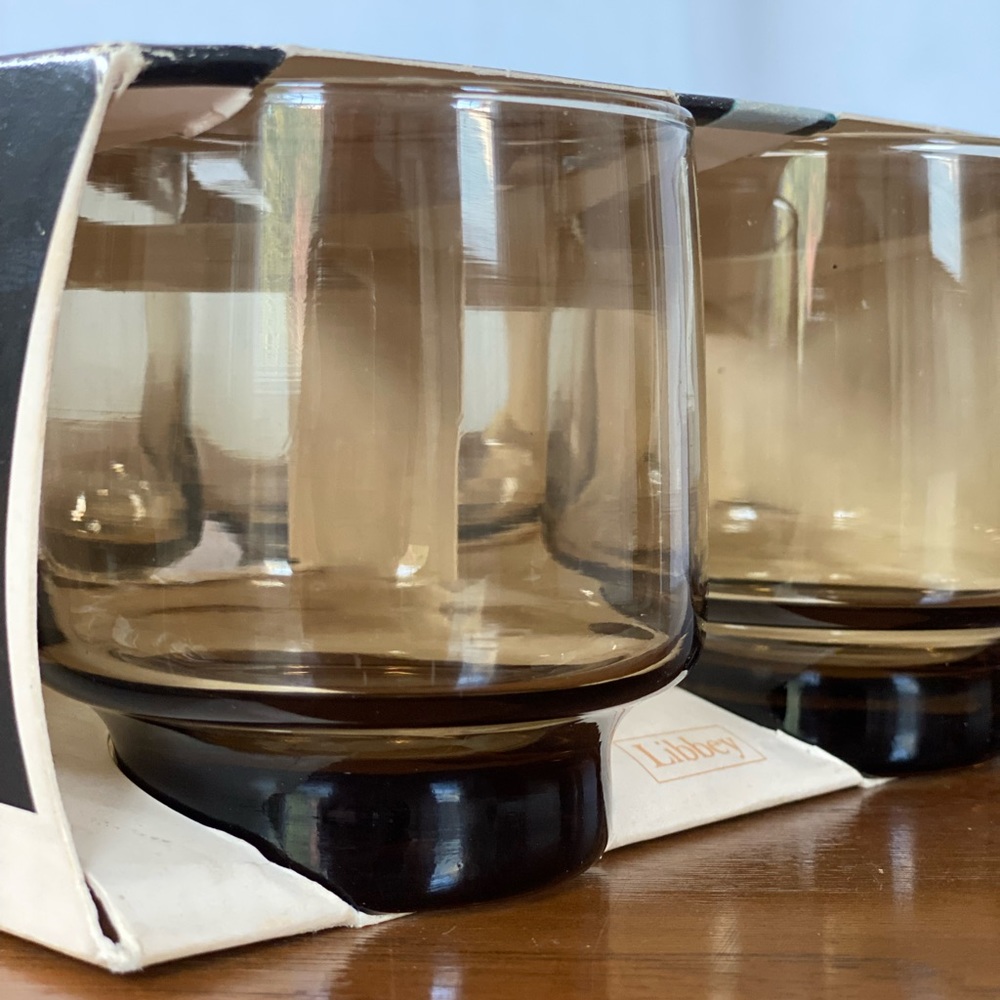 {SOLD} NIB Set mid-century modern smoky rock glasses by Libbey Co - Picture 6 of 12
